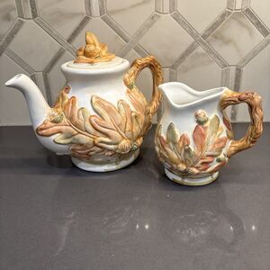 Hallmark Leaves Acorns Teapot & Creamer Raised Design Ceramic Classic *read